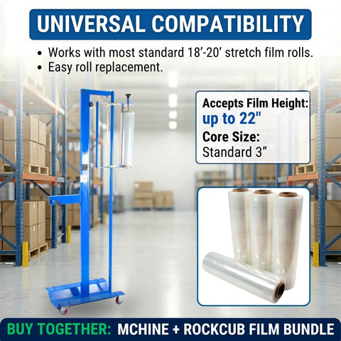 Ergonomic Manual Pallet Wrapper With Adjustable Up To 80 Inch Height For Hassle Free Stretch Film Dispensing in warehouse setting.