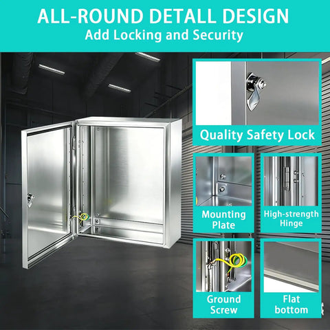 Heavy Duty Solid 304 Stainless Steel Electrical Enclosure Box 12x10x6 Inches Wall Mount with safety lock and hinge.