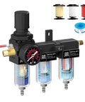 One Quarter Inch NPT Air Drying System With Pro Grade Inline Filter Regulator For Spray Guns And Pneumatic Tools, Air Dryer For Compressor, Five Micron, Point Five Micron, And Point Zero One Micron Filter Cartridges, Semi Auto Drain, Black