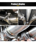Yonput 2.5-inch stainless steel exhaust clamp kit with V-bolt clamps; silver, multi-view collage.
