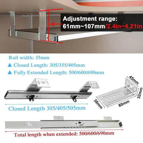 Under Desk Keyboard Tray Slides With Ball Bearing Runners 30cm 35cm 40cm Heavy Duty Extendable Rails height adjustable steel guides