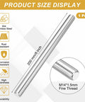 Side view of a 200 mm M14 x 1.5 mm stainless steel threaded rod with fine right-hand threads