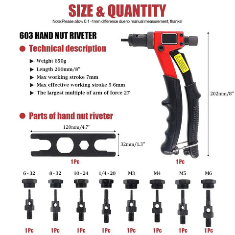 All In One 8 Inch Rivet Nut Kit With 8 Mandrels M3 M4 M5 M6 And 1/4-20 10-24 8-32 6-32 Includes Metric And SAE Nose Pieces Heavy Duty Rivet Nut Setter Tool For Aluminum And Steel Easy Handling Pro Grade