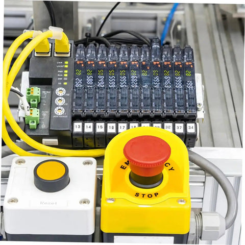 Yellow plastic guard covering emergency stop switch, featuring 2 Pack Stop Button Protective Covers For Emergency Stop Switches Industrial Plastic Guard To Prevent Accidental Activation Safety Shield For Machines Today.