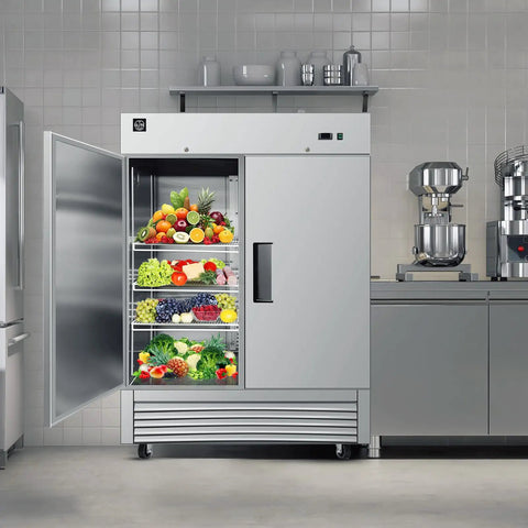 Heavy Duty Commercial Reach In Upright Refrigerator With Slick Stainless Finish Boasting A Massive Forty Three Cubic Foot Layout filled with fresh fruits and vegetables.