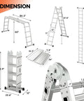 15.5 Feet Aluminum Folding Ladder 7 In 1 Multi Position Workhorse With Secure Click And Lock System Six Joints Converts To Scaffold Leaning Ladder And Stepladder EN131 Standard 330 Lb Capacity For Home And Jobsite dimensions shown