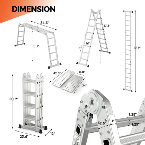 15.5 Feet Aluminum Folding Ladder 7 In 1 Multi Position Workhorse With Secure Click And Lock System Six Joints Converts To Scaffold Leaning Ladder And Stepladder EN131 Standard 330 Lb Capacity For Home And Jobsite dimensions shown