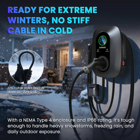 Beefy 48 Amp Level 2 EV Charger With J1772 Plug, 11.5 kW 240V Fast Home Charging Station in snow with flexible cable insert