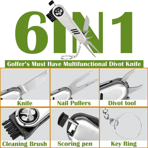 6-in-1 multifunctional golf tool with knife, nail pullers, divot tool, cleaning brush, scoring pen, key ring.
