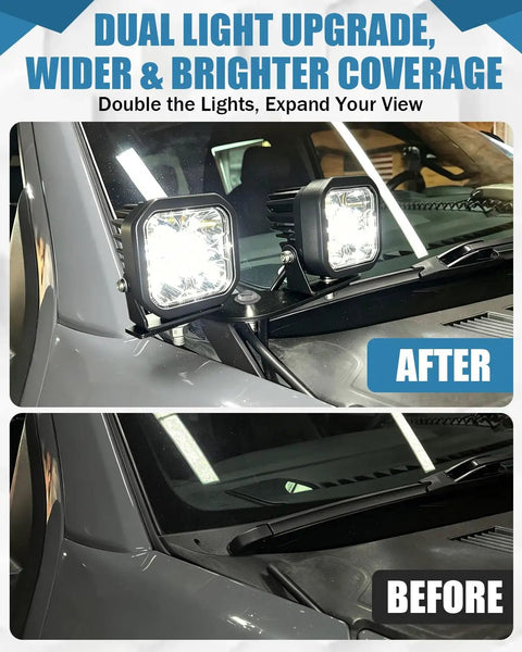Universal Dual Pod Light Mounting Brackets For Off Road Vehicles Run Two LED Pods On One Side With Wider Lighting Coverage shown on truck