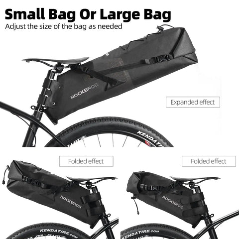 Adjustable 14L Waterproof Bikepacking Saddle Bag on bike showing expanded and folded views with roll-top closure