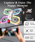 Kid Friendly Mini Drone With 720P Camera for Beginners and Teens, flying in living room using smartphone controller, LED lights visible
