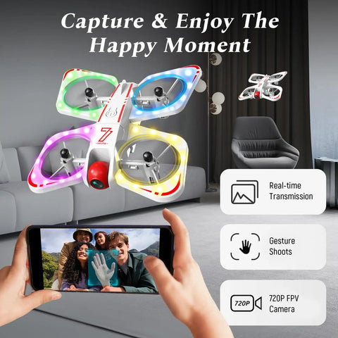 Kid Friendly Mini Drone With 720P Camera for Beginners and Teens, flying in living room using smartphone controller, LED lights visible
