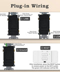 Plug-in wiring diagram for Top Notch 20 Amp GFCI Outlet 20 Pack with LED indicator and reset button instructions.