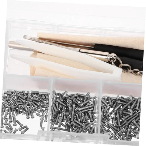 Compact eyeglass repair kit featuring assorted screws, nose pads, anti-slip ear grips, and screwdriver tools for all eyewear styles.