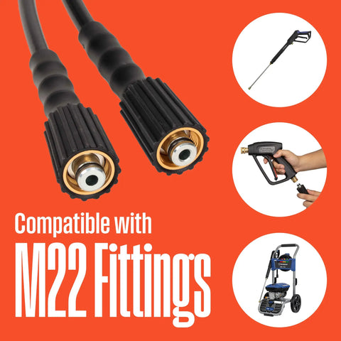 50 Ft PVC Pressure Washer Hose With 3400 Max PSI For Gas And Electric Washers, showing M22 connectors and compatibility icons