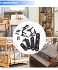 Heavy Duty Black Straight Flat Brackets For Wood And Metal, 86 Piece Stainless Steel Mending Plates With Screws, Rock Solid Corner Connectors displayed with screws in various furniture applications.