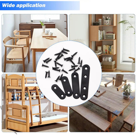 Heavy Duty Black Straight Flat Brackets For Wood And Metal, 86 Piece Stainless Steel Mending Plates With Screws, Rock Solid Corner Connectors displayed with screws in various furniture applications.