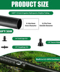 100 Ft Drip Line Kit For Yard And Farm Irrigation One Quarter Inch Tubing With Six Inch Emitter Spacing End Plugs And Couplings Plus Faucet Adapter For Hydroponics Lawn And Yard Easy Install product diagram showing tubing, end caps, couplings, and faucet adapter.