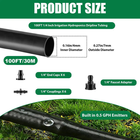 100 Ft Drip Line Kit For Yard And Farm Irrigation One Quarter Inch Tubing With Six Inch Emitter Spacing End Plugs And Couplings Plus Faucet Adapter For Hydroponics Lawn And Yard Easy Install product diagram showing tubing, end caps, couplings, and faucet adapter.