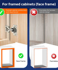 20 Pack 10 Pairs Three Quarter Inch Overlay Satin Nickel Soft Close Cabinet Hinges graphic comparing framed to frameless cabinets.
