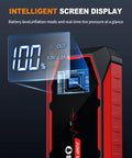 Powerful 5000A Jump Starter Pack For Cars And SUVs with intelligent screen display showing battery level.