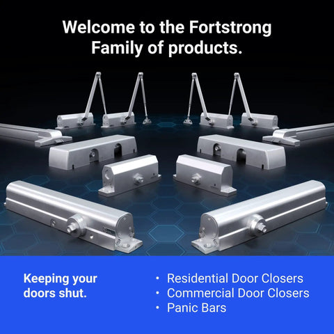 Display of Fortstrong hydraulic door closers and panic bars for residential and commercial use.