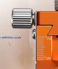 Close-up of the high definition scale on the No Fuss Quick Setup Pro Grade Woodworking Drill Jig Set with adjustable locator.