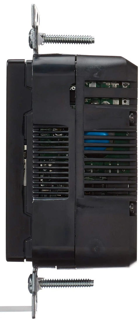 Side view of Type A USB In Wall Charger With 15A Tamper Resistant Outlet, Dual USB Ports, Black Finish showing internal components.