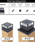 Six Pack Solar Post Lights With 20 Lumen Warm White LED Waterproof Outdoor Post Caps For 4x4 5x5 Or 6x6 Wood Posts sizing chart