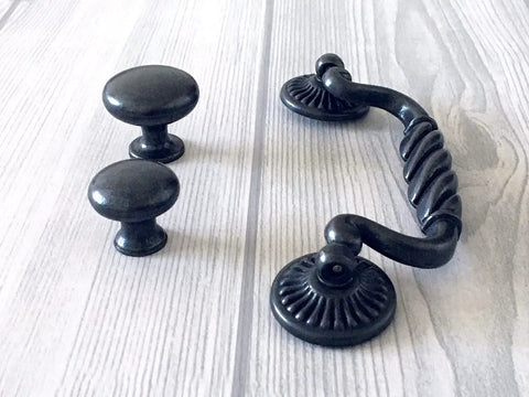 Vintage Black Bail Drawer Pull Four And A Quarter Inch Centers Drop Swing Dresser Cabinet Hardware Old School Retro Look