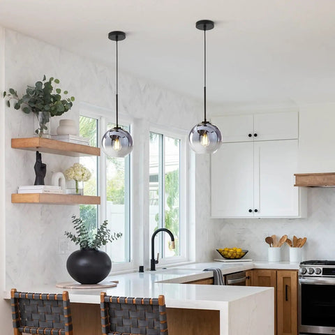 Modern Black Globe Pendant Light With Mercury Glass Shade, Silver Gradient Sphere Ceiling Light For Kitchen Island And Dining Room