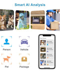 Smart AI Alerts from 2K Solar Wireless Outdoor Security Camera With 360 Degree PTZ, showing pet, person, vehicle, package detection