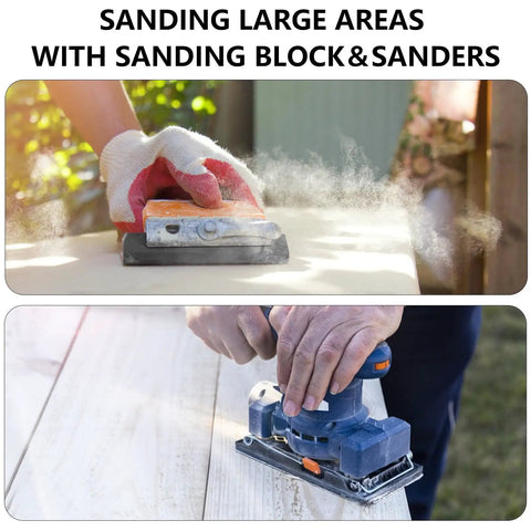 Top Notch 120 Grit Wet Dry Sandpaper Sheets Pack used with sanding block and electric sander on wood surface outdoors