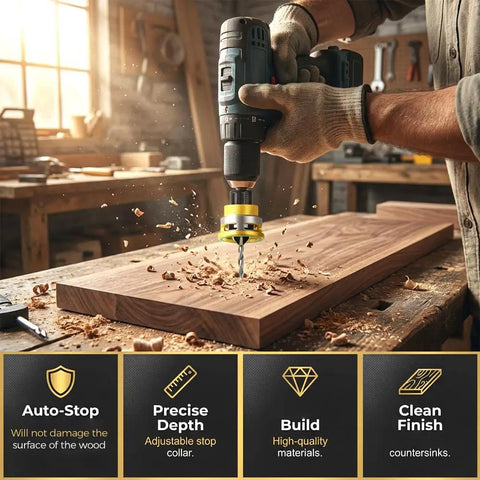 Pro Grade Four Blade Countersink Drill Bit Set With Depth Stop And Aluminum Stop Collar for wood and plastic in use on wood