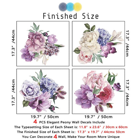 Giant Peony Wall Decals Four Piece Set with Watercolor Rose Blooms in pastel colors for living room and bedroom decor.