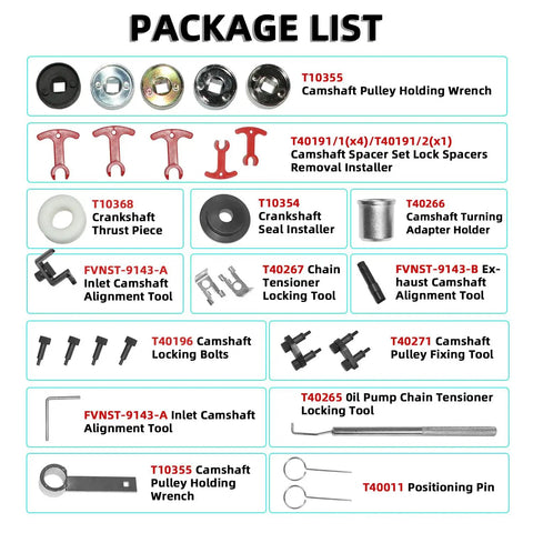 Package list of Engine Timing Tool Kit For VW Audi 2.0T 1.8 2.0 TSi TFSi EA888 Series with various components labeled.