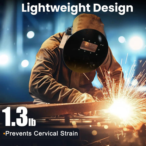 Welder using Pancake Welding Hood Helmet With 2x4 Lens Compatibility in action, sparks flying, showcasing lightweight design.