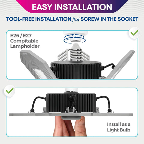 Tri Panel Garage Light Bright 4000 Lumens 6500K Daylight Adjustable Ceiling shown with E26/E27 socket installation