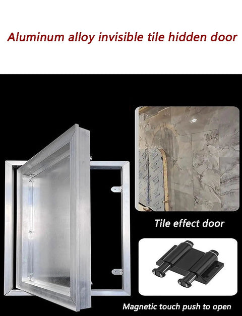 Heavy Duty Waterproof Gypsum Access Panel With Slick Flush Mount Fire Rated Inspection Door Solid Aluminum Frame Mechanical Shaft Cover Dead Nuts Tight Sealing For 27 By 79 Inch Hydrant Boxes, aluminum alloy hidden door with tile effect.