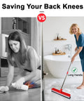 Comparison image showing a woman scrubbing the floor on her knees versus using a Heavy Duty 16.5 Inch Push Broom With 51 Inch Long Handle For Patio Garage Deck Tile And Concrete Floors Cleaning Comes With Dual Scrub Brush And Rubber Squeegee For Pet Hair Grime And Wet Spills standing up.