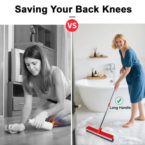 Comparison image showing a woman scrubbing the floor on her knees versus using a Heavy Duty 16.5 Inch Push Broom With 51 Inch Long Handle For Patio Garage Deck Tile And Concrete Floors Cleaning Comes With Dual Scrub Brush And Rubber Squeegee For Pet Hair Grime And Wet Spills standing up.