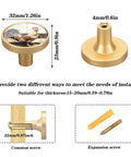 Gold Cabinet Knob Four Pack Round Drawer Pulls For Cabinets Walls Desks And Dressers Durable Acrylic And Zinc Alloy Scratch Resistant Design With Dope Rooster And Sunflower Pattern Easy Dual Screw Install, showing dimensions and installation options.