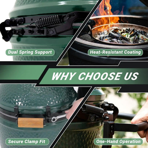 Level Up Your Backyard Grill Game With This Heavy Duty Replacement Band And Split Hinge Kit For Large Charcoal Pits Featuring Rust Resistant Carbon Steel For Badass Heat Lock And Smoke Tight Seal During Chill Weekend Cookouts showing dual spring support and secure clamp fit.