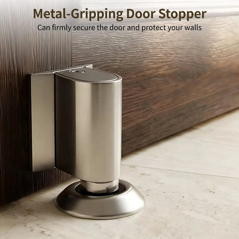 Heavy Duty Brushed Nickel Door Stopper Set For Home And Office Holds Firmly Without Drilling Screws Or Stickers Included close-up view