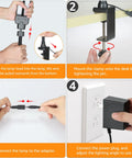 Installation steps for Ultra Wide Dual Head LED Desk Lamp With Clamp, showing assembly and mounting on a desk