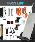 Parts list for Heavy Duty Electric Stair Climbing Dolly With Stainless Steel Platform For Homes And Job Sites, includes tools and accessories.