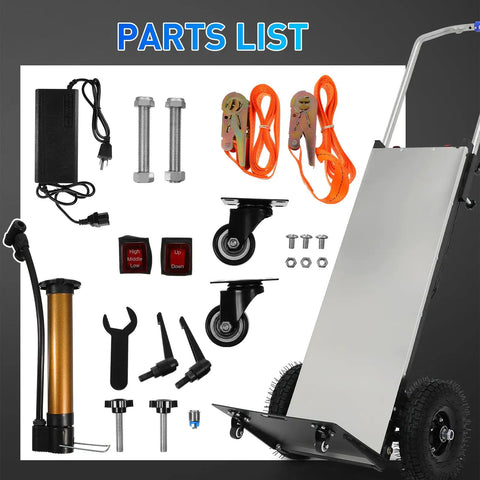 Parts list for Heavy Duty Electric Stair Climbing Dolly With Stainless Steel Platform For Homes And Job Sites, includes tools and accessories.