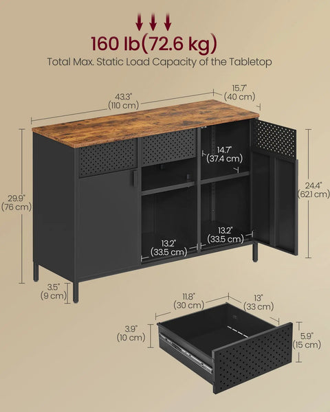 Rustic Brown And Matte Black Finish Metal Storage Cabinet With Two Doors, Adjustable Shelves, Steel Frame, Side View