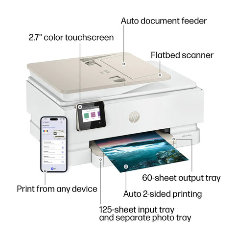 Envy Photo 7975 Wireless Color Inkjet Printer with touchscreen, auto feeder, flatbed scanner, printing a photo, mobile compatibility
